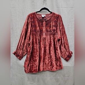 Tru Luxe Jeans Tonal Embroidered Velvet Dark Spice Color Blouse Size XL NWT